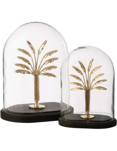 Grande Cloche déco exotique chic Palmier H 28 cm Verre Transparent Résine Doré Evasa 