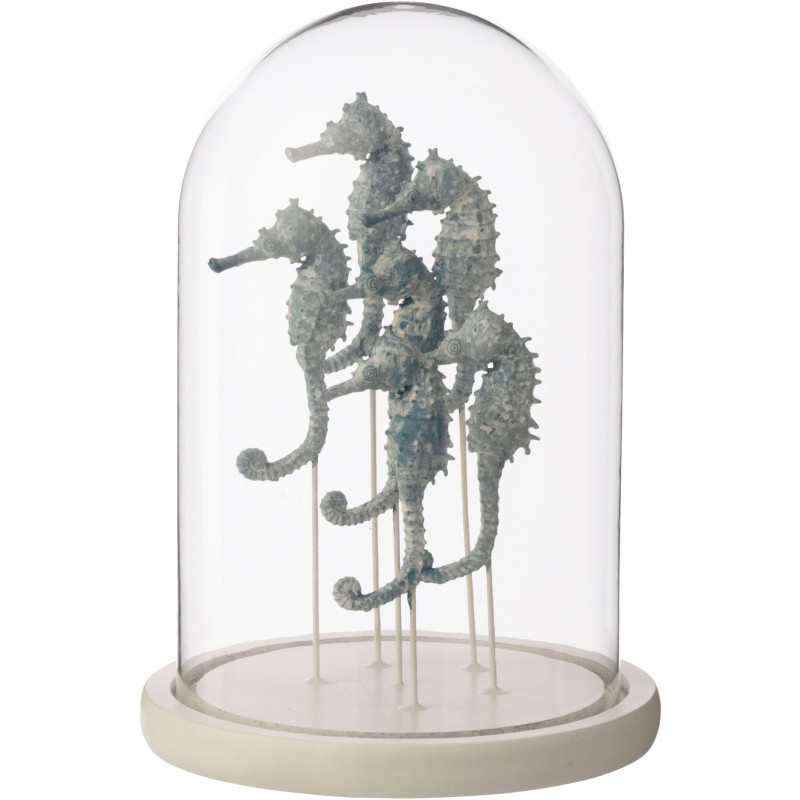 Grande Cloche déco bord de mer Hippocampes H 26 cm Verre Transparent Résine Bleu clair Oceanika 