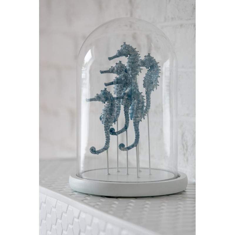 Grande Cloche déco bord de mer Hippocampes H 26 cm Verre Transparent Résine Bleu clair Oceanika 