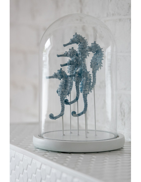 Grande Cloche déco bord de mer Hippocampes H 26 cm Verre Transparent Résine Bleu clair Oceanika 