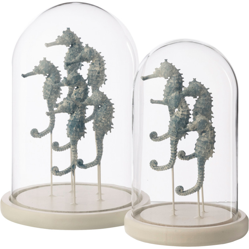 Grande Cloche déco bord de mer Hippocampes H 26 cm Verre Transparent Résine Bleu clair Oceanika 