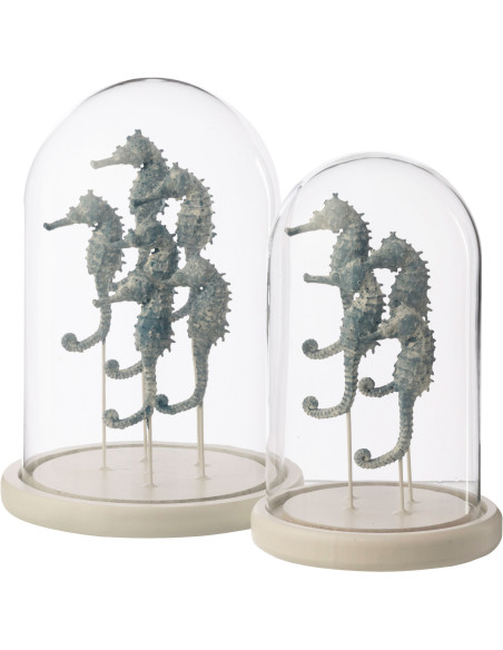 Grande Cloche déco bord de mer Hippocampes H 26 cm Verre Transparent Résine Bleu clair Oceanika 