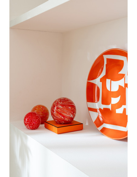 Grande Assiette déco style memphis Ronde 37 cm Porcelaine Orange Blanc Motif géométrique Atypika 