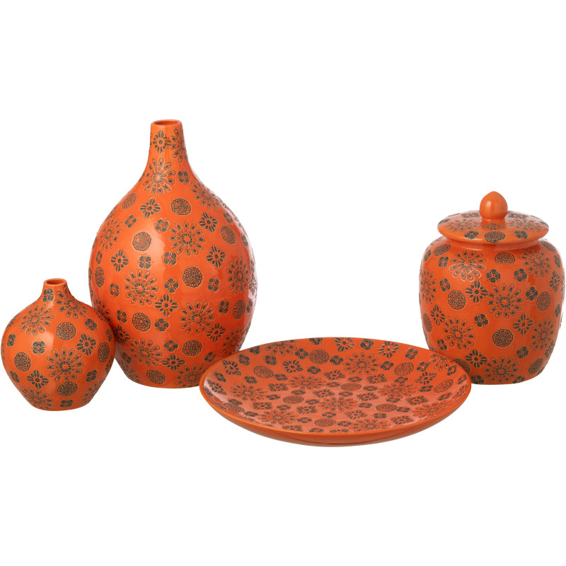 Grande Assiette déco bohème méditerranéen Ronde 37 cm Porcelaine Orange Motif fleurs Soleyada 