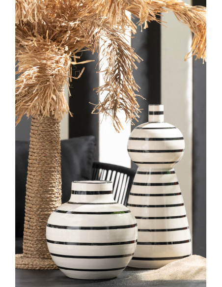 Grand Vase style bord de mer Totem H 50 cm Céramique Blanc Noir Motif lignes Norlda 