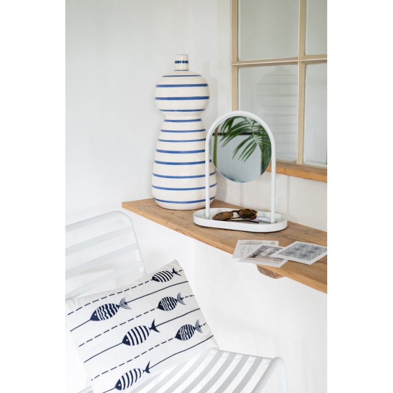 Grand Vase style bord de mer Totem H 50 cm Céramique Blanc Bleu Motif lignes Norlda 