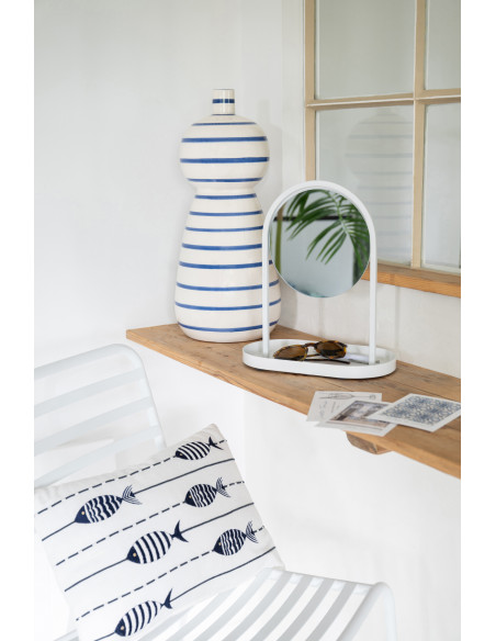 Grand Vase style bord de mer Totem H 50 cm Céramique Blanc Bleu Motif lignes Norlda 