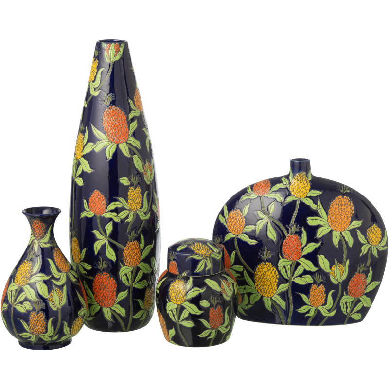 Grand Vase style art déco végétal Ovale H 53 cm Porcelaine Bleu Motif ananas Noctiflo 