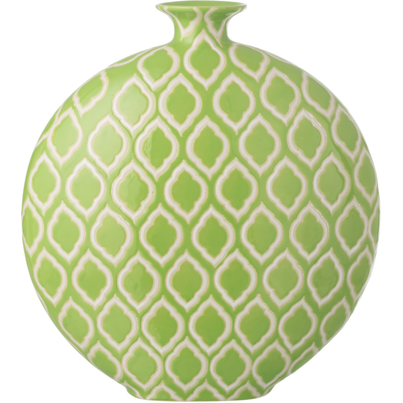 Grand Vase Plat style art déco Rond H 43 cm Porcelaine Vert Blanc Motif graphique Cloréa 