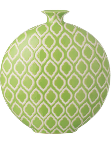 Grand Vase Plat style art déco Rond H 43 cm Porcelaine Vert Blanc Motif graphique Cloréa 