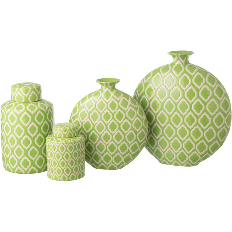 Grand Vase Plat style art déco Rond H 43 cm Porcelaine Vert Blanc Motif graphique Cloréa 