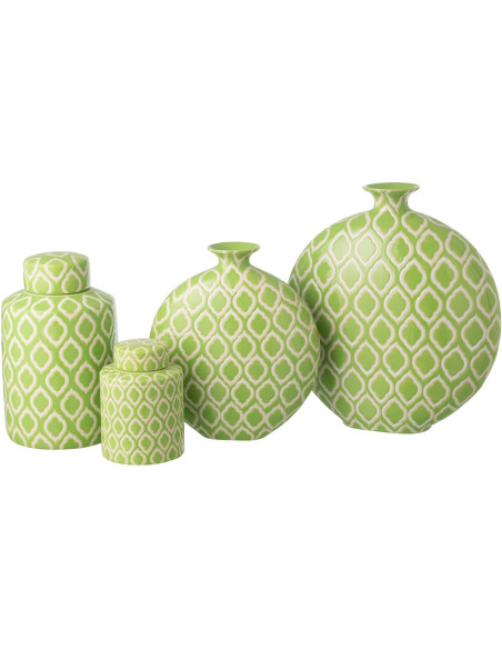 Grand Vase Plat style art déco Rond H 43 cm Porcelaine Vert Blanc Motif graphique Cloréa 