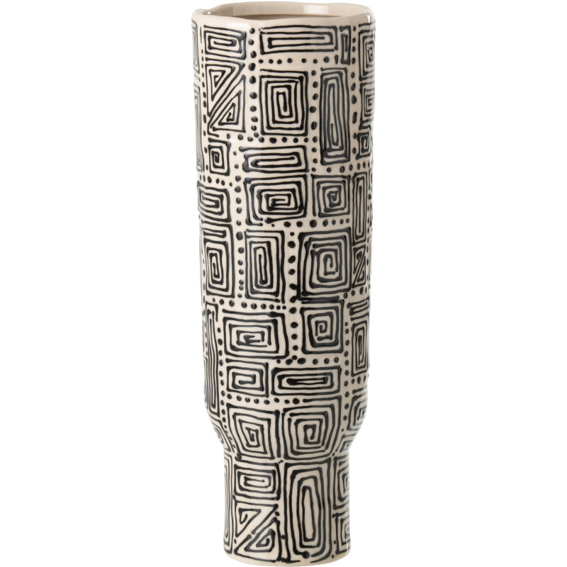 Grand Vase ethnique chic sur pied Cylindrique H 50 cm Céramique Blanc cassé Noir Labyria 