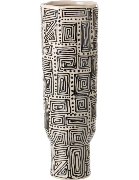 Grand Vase ethnique chic sur pied Cylindrique H 50 cm Céramique Blanc cassé Noir Labyria 