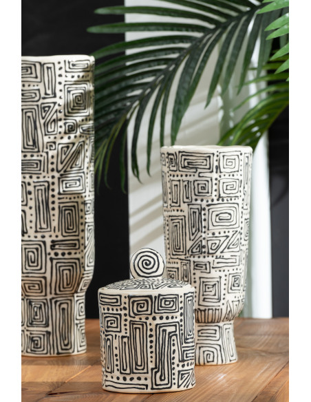 Grand Vase ethnique chic sur pied Cylindrique H 50 cm Céramique Blanc cassé Noir Labyria 
