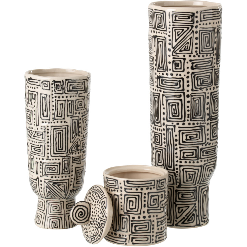 Grand Vase ethnique chic sur pied Cylindrique H 50 cm Céramique Blanc cassé Noir Labyria 