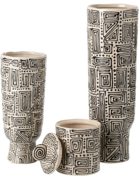 Grand Vase ethnique chic sur pied Cylindrique H 50 cm Céramique Blanc cassé Noir Labyria 