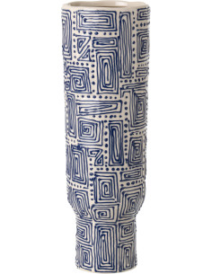 Grand Vase ethnique chic sur pied Cylindrique H 50 cm Céramique Blanc cassé Bleu foncé Labyria 