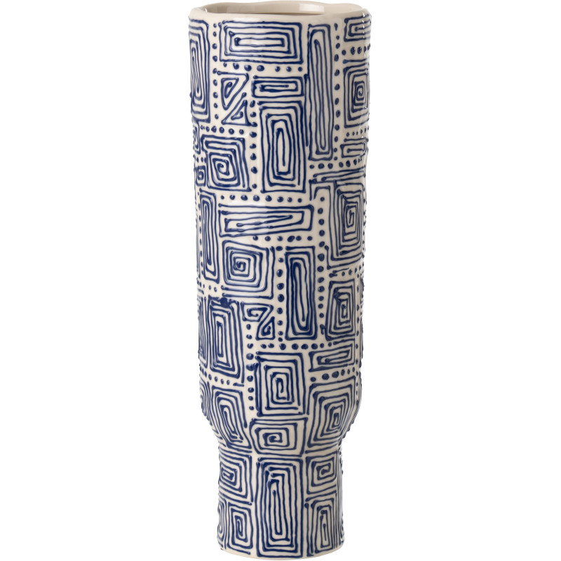 Grand Vase ethnique chic sur pied Cylindrique H 50 cm Céramique Blanc cassé Bleu foncé Labyria 