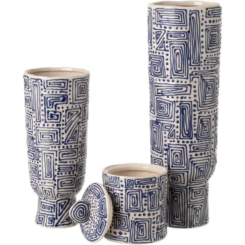 Grand Vase ethnique chic sur pied Cylindrique H 50 cm Céramique Blanc cassé Bleu foncé Labyria 