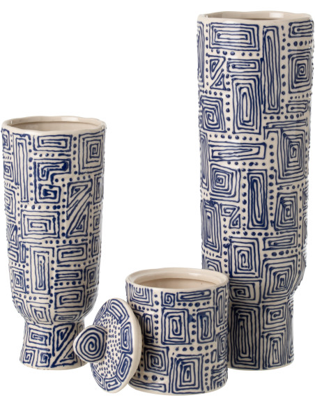 Grand Vase ethnique chic sur pied Cylindrique H 50 cm Céramique Blanc cassé Bleu foncé Labyria 