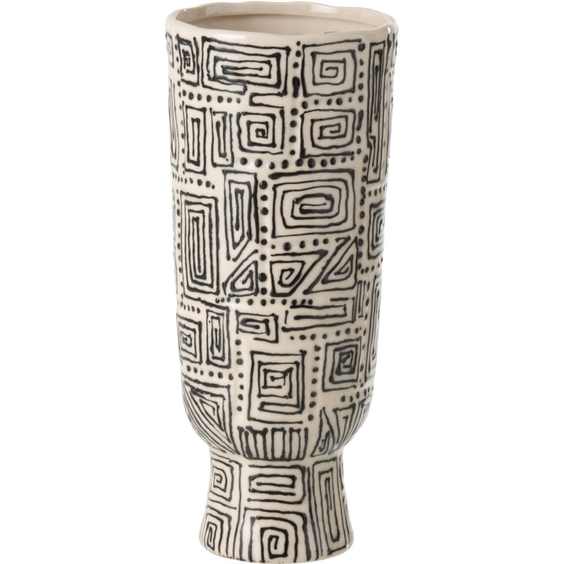 Grand Vase ethnique chic sur pied Cylindrique H 42 cm Céramique Blanc cassé Noir Labyria 