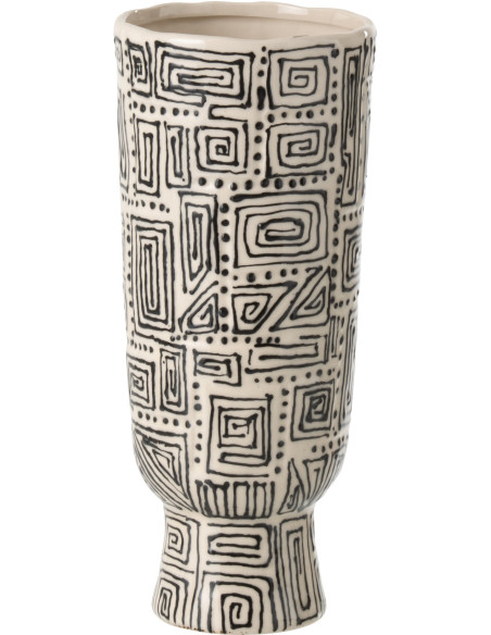 Grand Vase ethnique chic sur pied Cylindrique H 42 cm Céramique Blanc cassé Noir Labyria 