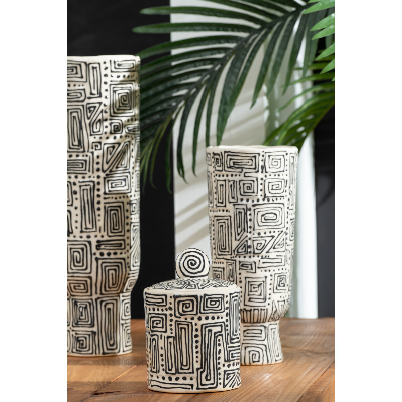 Grand Vase ethnique chic sur pied Cylindrique H 42 cm Céramique Blanc cassé Noir Labyria 