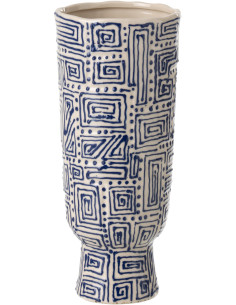 Grand Vase ethnique chic sur pied Cylindrique H 42 cm Céramique Blanc cassé Bleu foncé Labyria 
