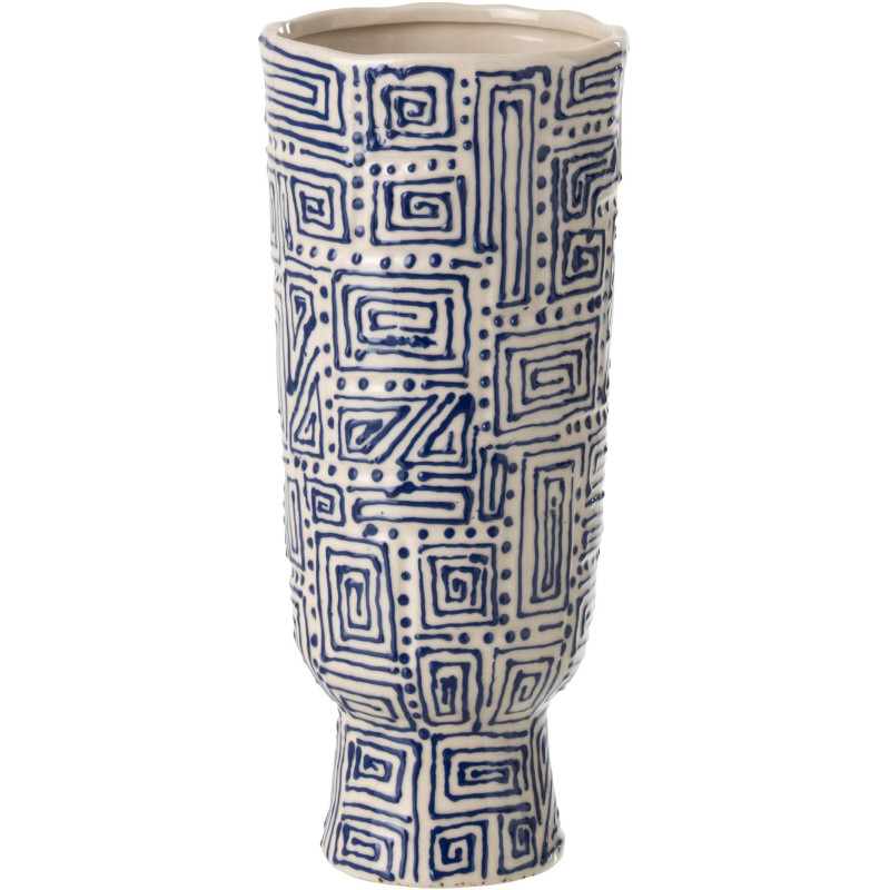 Grand Vase ethnique chic sur pied Cylindrique H 42 cm Céramique Blanc cassé Bleu foncé Labyria 