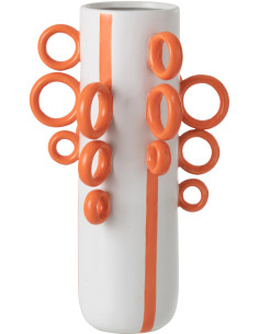 Grand Vase design pop Cylindrique H 57 cm Céramique Blanc Orange Motif rayures Ringora 