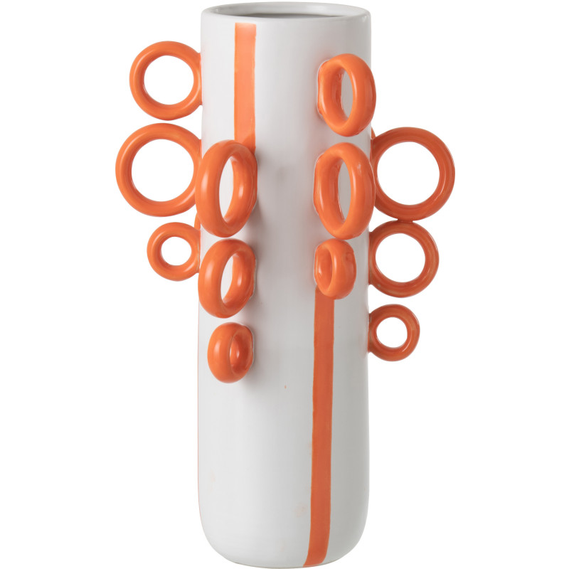 Grand Vase design pop Cylindrique H 57 cm Céramique Blanc Orange Motif rayures Ringora 