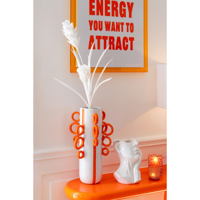 Grand Vase design pop Cylindrique H 57 cm Céramique Blanc Orange Motif rayures Ringora 
