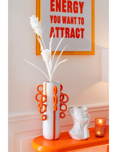 Grand Vase design pop Cylindrique H 57 cm Céramique Blanc Orange Motif rayures Ringora 