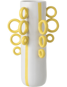 Grand Vase design pop Cylindrique H 57 cm Céramique Blanc Jaune Motif rayures Ringora 