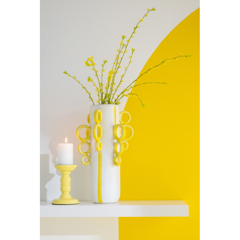 Grand Vase design pop Cylindrique H 57 cm Céramique Blanc Jaune Motif rayures Ringora 