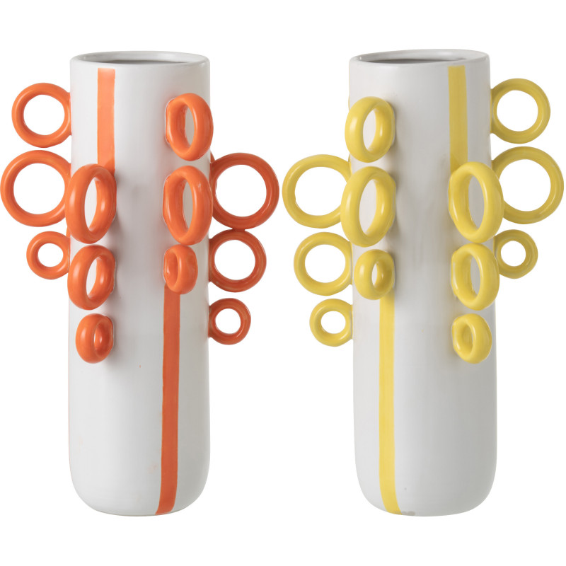 Grand Vase design pop Cylindrique H 57 cm Céramique Blanc Jaune Motif rayures Ringora 