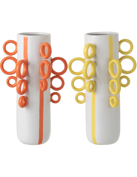 Grand Vase design pop Cylindrique H 57 cm Céramique Blanc Jaune Motif rayures Ringora 
