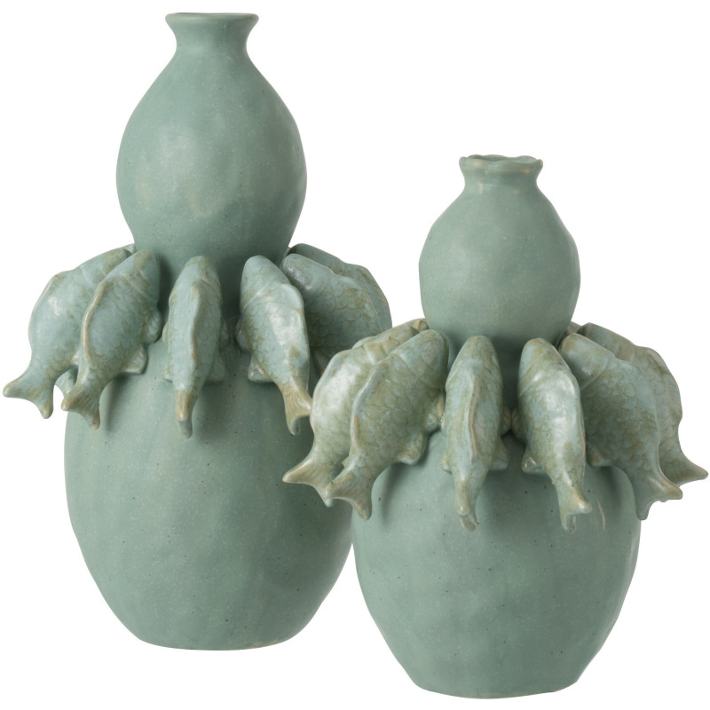 Grand Vase bord de mer méditerranéen Poissons H 37 cm Céramique Vert Octalya 