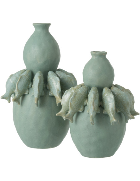 Grand Vase bord de mer méditerranéen Poissons H 37 cm Céramique Vert Octalya 