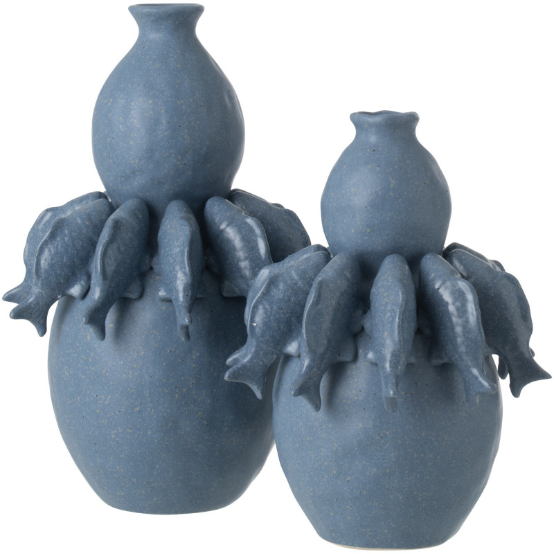 Grand Vase bord de mer méditerranéen Poissons H 37 cm Céramique Bleu Octalya 