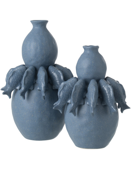 Grand Vase bord de mer méditerranéen Poissons H 37 cm Céramique Bleu Octalya 