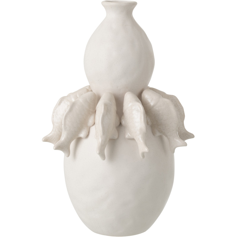 Grand Vase bord de mer méditerranéen Poissons H 37 cm Céramique Blanc cassé Octalya 