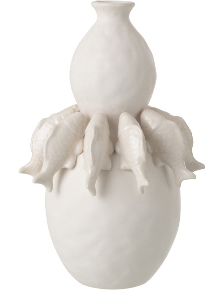 Grand Vase bord de mer méditerranéen Poissons H 37 cm Céramique Blanc cassé Octalya 