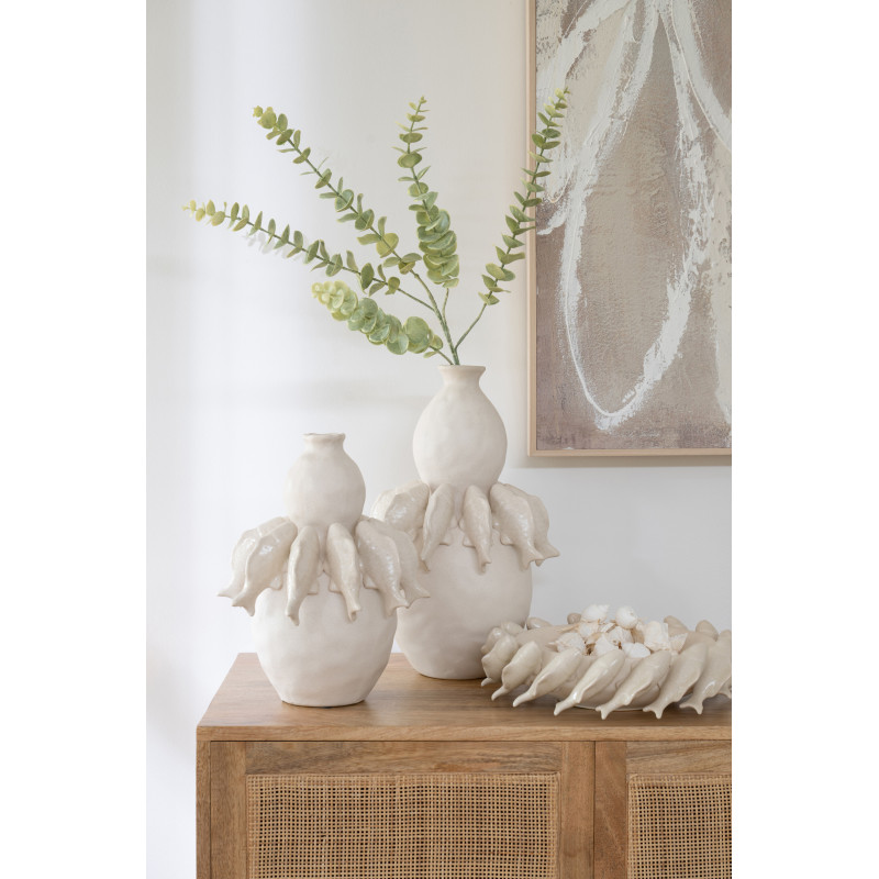 Grand Vase bord de mer méditerranéen Poissons H 37 cm Céramique Blanc cassé Octalya 