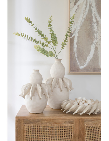 Grand Vase bord de mer méditerranéen Poissons H 37 cm Céramique Blanc cassé Octalya 