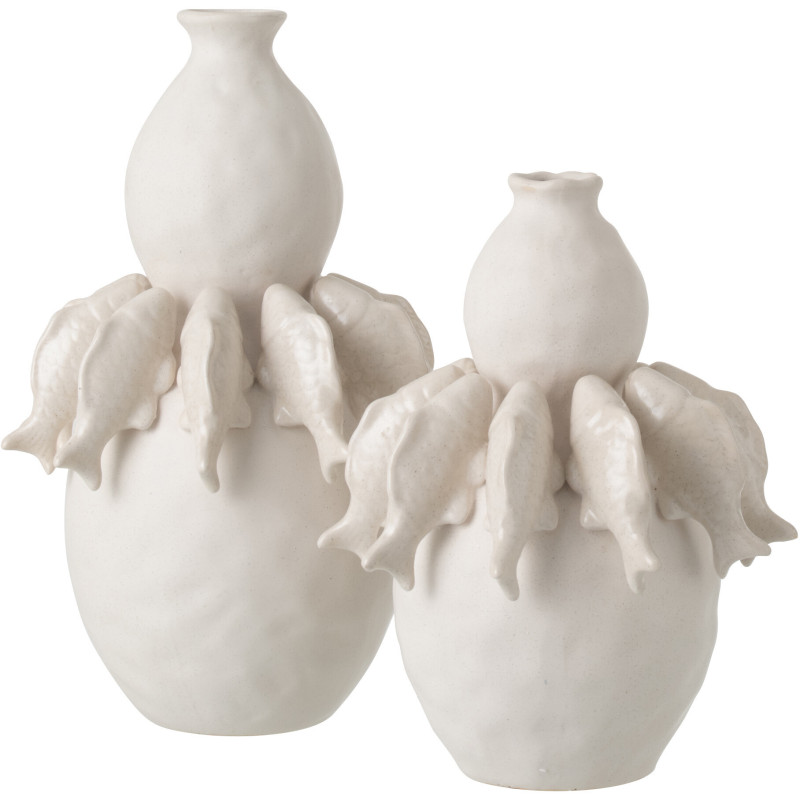 Grand Vase bord de mer méditerranéen Poissons H 37 cm Céramique Blanc cassé Octalya 