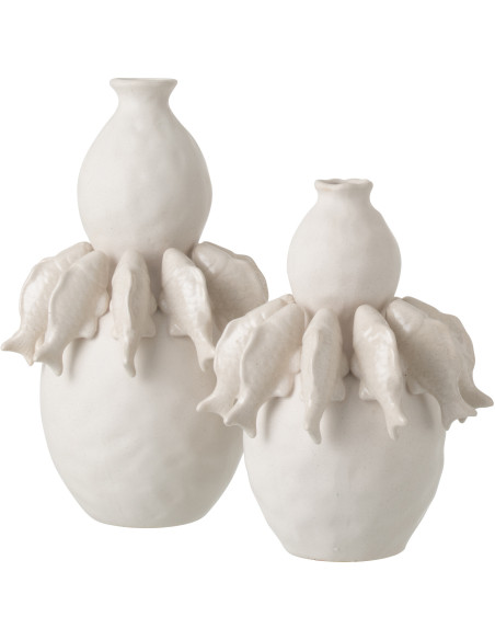 Grand Vase bord de mer méditerranéen Poissons H 37 cm Céramique Blanc cassé Octalya 