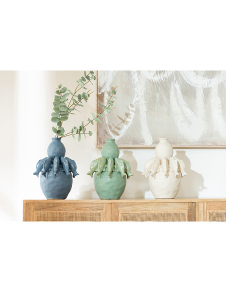 Grand Vase bord de mer méditerranéen Poissons H 31 cm Céramique Bleu Octalya 