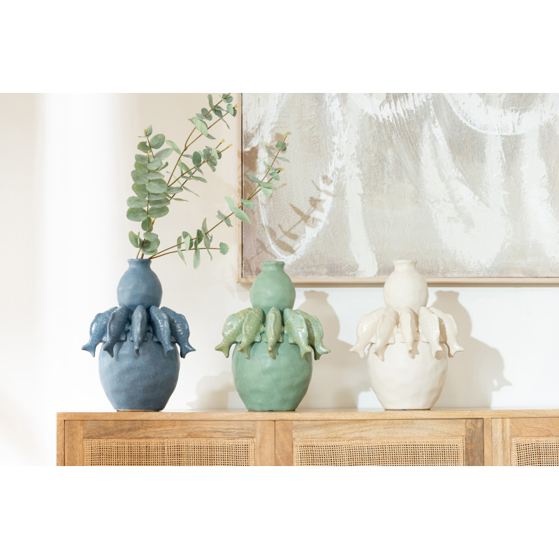 Grand Vase bord de mer méditerranéen Poissons H 31 cm Céramique Blanc cassé Octalya 